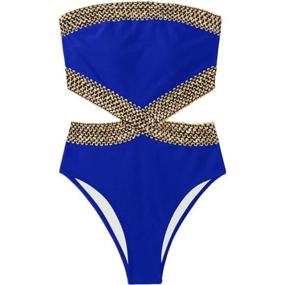Women's Stitch Detail Strapless One Piece Swimsuit Cut Out Bandeau Bathing Suit